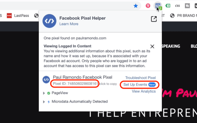 Option "Ereignisse einrichten" im Facebook Pixel Helper