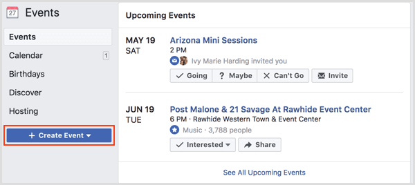 Schaltfläche "Ereignis erstellen" auf der Facebook-Ereignisseite