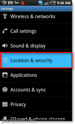 Standort und Sicherheitsmenü Android