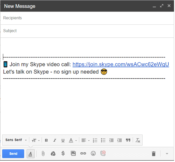 Klicken Sie unten in Ihrer E-Mail auf das Skype-Symbol, um einen Anruflink hinzuzufügen.