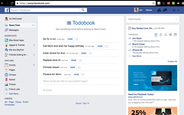 Todobook blockiert Ihren Facebook-Newsfeed, bis Sie Ihre Prioritäten für den Tag festgelegt haben.