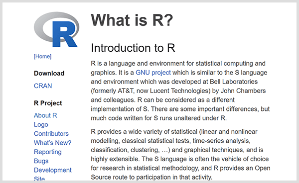 Erstellen Sie Ihre eigenen Predictive Analytics-Tools mit der Programmiersprache R. Screenshot der R-Einführungswebseite. 