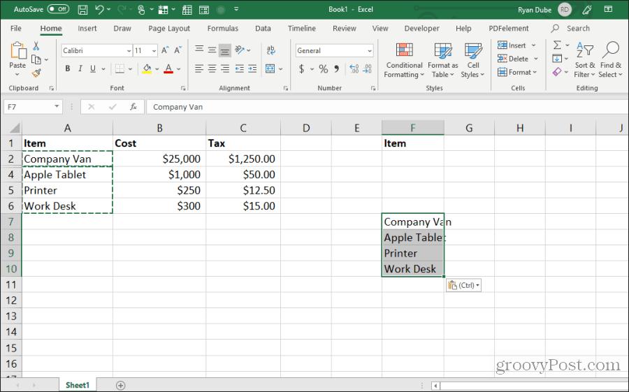 Einfügen sichtbarer Zellen in Excel