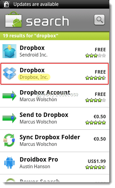 Android Dropbox Suchmenü