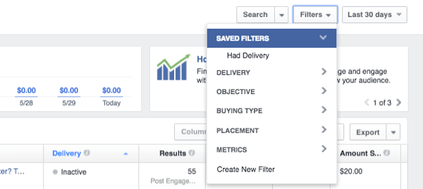 Filterdaten des Facebook-Anzeigenmanagers