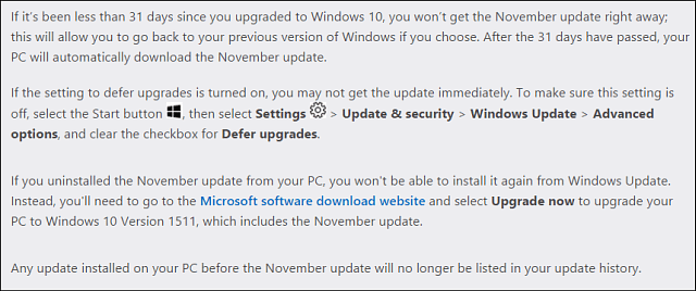 Microsoft Win10 November Update-Hinweise