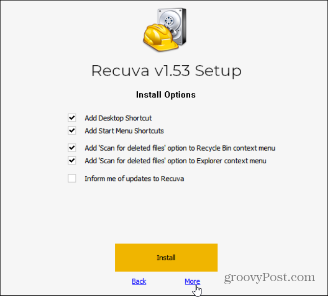 recuva Installationsoptionen