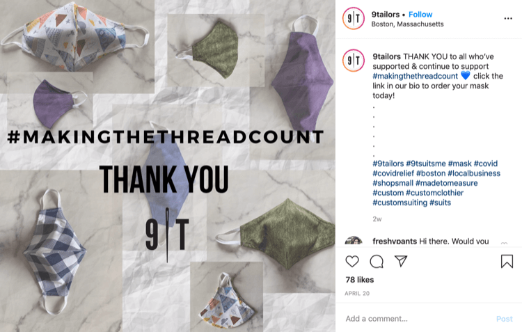 9Tailor Instagram Post über den Verkauf von Masken