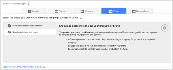 Kampagnentyp Markenbekanntheit und Reichweite in Google AdWords.