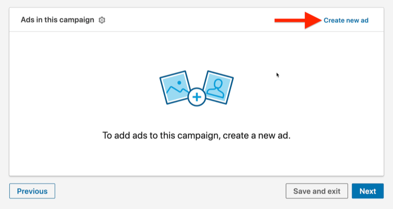 Beispiel für die Anzeigenebene einer Linkedin-Werbekampagne mit hervorgehobener Option "Neue Anzeige erstellen"