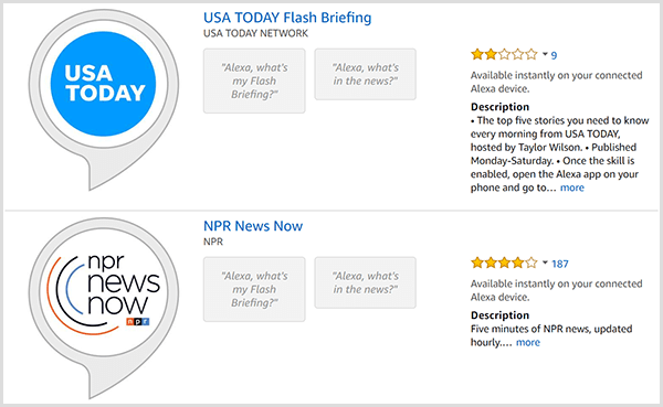 Alexa Flash Briefing Listings haben eine graue Sprechblase mit einem runden Logo des Produzenten wie USA TODAY oder NPR. Die Auflistungen enthalten auch eine Sternebewertung und eine Beschreibung.