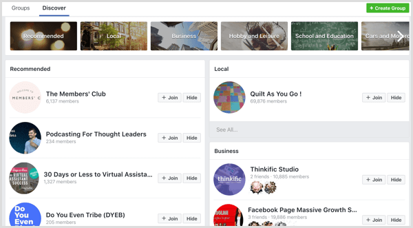 Facebook gruppiert Kategorien und Vorschläge