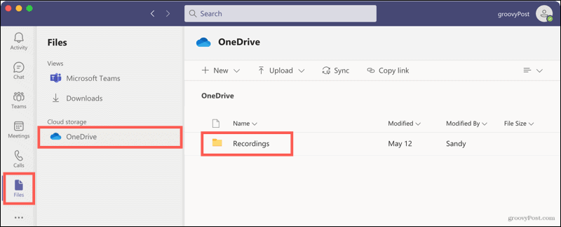 Dateien, OneDrive, Aufzeichnungen in Teams