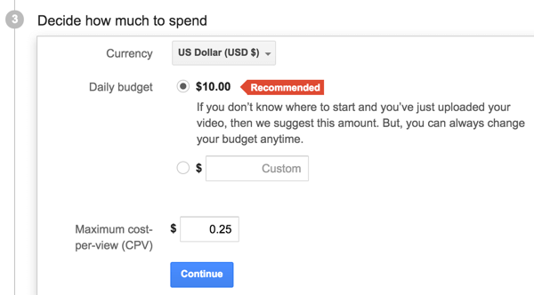 Wähle dein YouTube-Anzeigenbudget und deinen CPV aus.