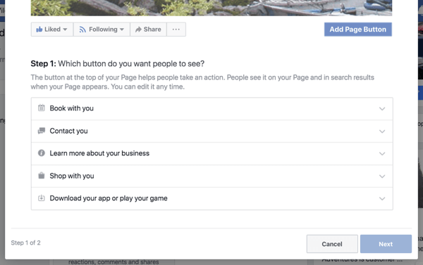 Schritt 1 zum Erstellen Ihrer Call-to-Action-Schaltfläche für Ihre Facebook-Unternehmensseite.