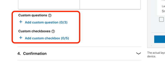 Screenshot der Felder "Benutzerdefinierte Fragen" und "Benutzerdefinierte Kontrollkästchen" für das Lead-Gen-Formular im LinkedIn-Anzeigen-Setup
