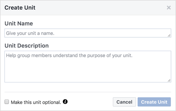 Geben Sie der Facebook-Gruppeneinheit einen Namen und eine Beschreibung. 