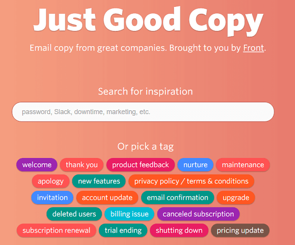 Mit Just Good Copy erhalten Sie Beispiel-E-Mails, mit denen Sie loslegen können.