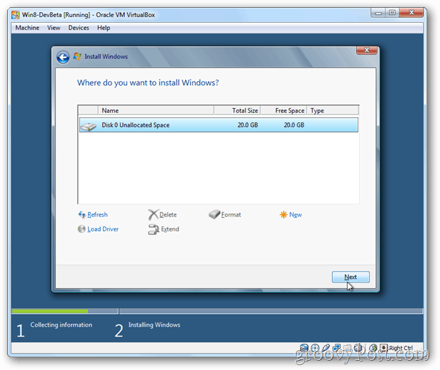 VirtualBox Windows 8 Wählen Sie die Festplatte für die Installation aus
