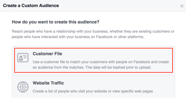 Erstellen Sie mithilfe einer Kundenliste eine benutzerdefinierte Facebook-Zielgruppe.