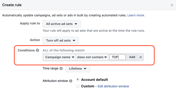 Verwenden Sie automatisierte Facebook-Regeln, stoppen Sie die Anzeigenschaltung, wenn der ROAS unter das Minimum fällt, Schritt 2, legen Sie die Bedingungen fest