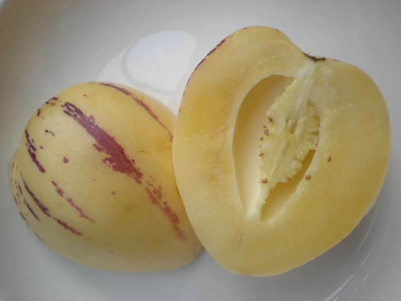 Pepino-Frucht wird wie eine Melone als Bild geschnitten