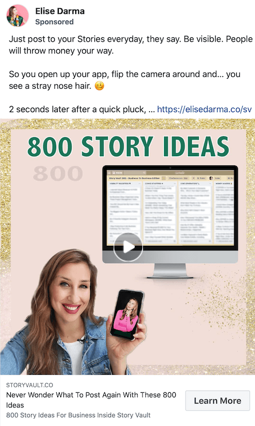 Screenshot Beispiel eines gesponserten Beitrags von Elise Darma, der 800 Ideen für Geschichten bewirbt