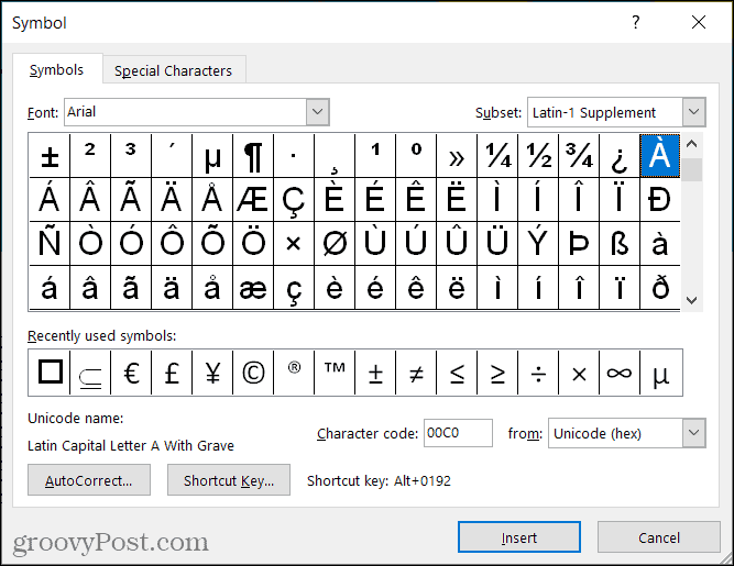 Symbole für Akzentzeichen in Word