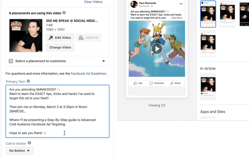 Primärtext für Facebook-Videoanzeige hinzufügen