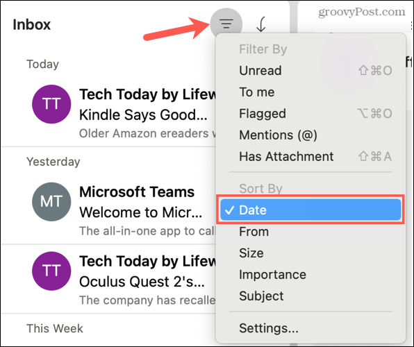 Nach Datum in Outlook auf dem Mac sortieren