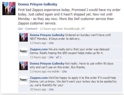 zappos Kundenantwort auf Facebook