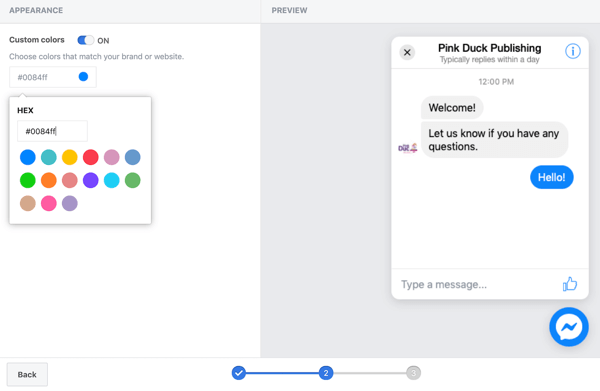 Verwenden Sie den Google Tag Manager mit Facebook, Schritt 11, Optionen, um benutzerdefinierte Farben für Ihr Facebook-Chat-Plugin festzulegen