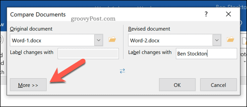 Zusätzliche Optionen zum Vergleichen von Microsoft Word-Dokumenten