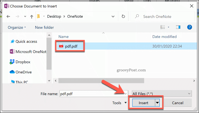 Einfügen eines Dateidrucks in OneNote