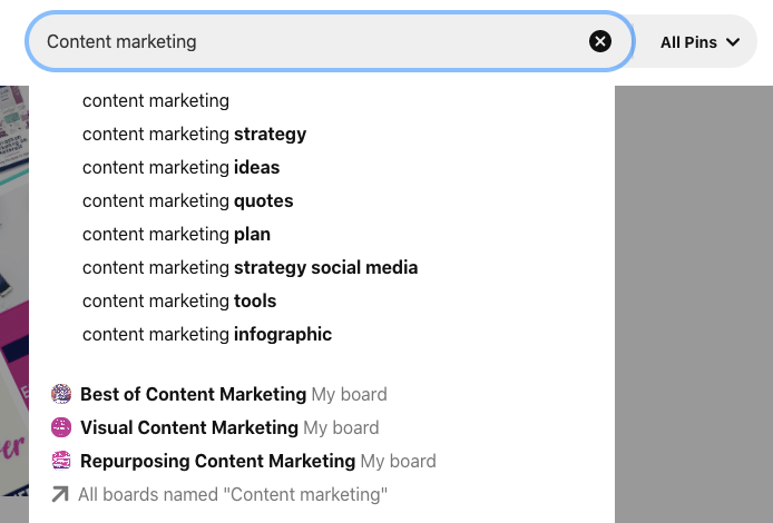 Beispiel für die pinterest-Suche nach Content-Marketing mit Content-Marketing gepaart mit Strategie, Ideen, Zitaten, Plan, Tools, Infografik usw. zusammen mit mehreren Boards, deren Namen Content Marketing enthalten