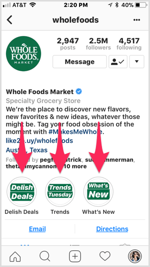 Instagram-Highlights im Whole Foods-Profil.