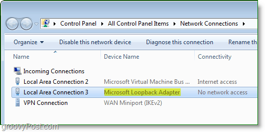 Windows 7-Netzwerk-Screenshot - Der Microsoft Loopback-Adapter, der im Fenster "Netzwerkverbindungen" angezeigt wird
