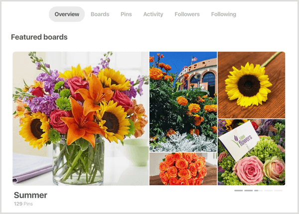 Beispiel für einen Abschnitt mit vorgestellten Boards für das Pinterest-Profil