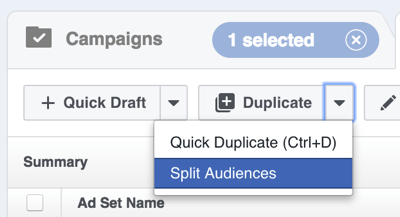 Klicken Sie im Facebook Power Editor auf den Pfeil rechts neben Duplizieren und wählen Sie Zielgruppen teilen.