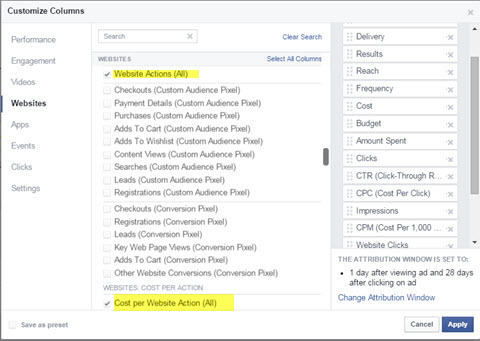 Facebook Ads Manager hinzufügen Website-Aktionen
