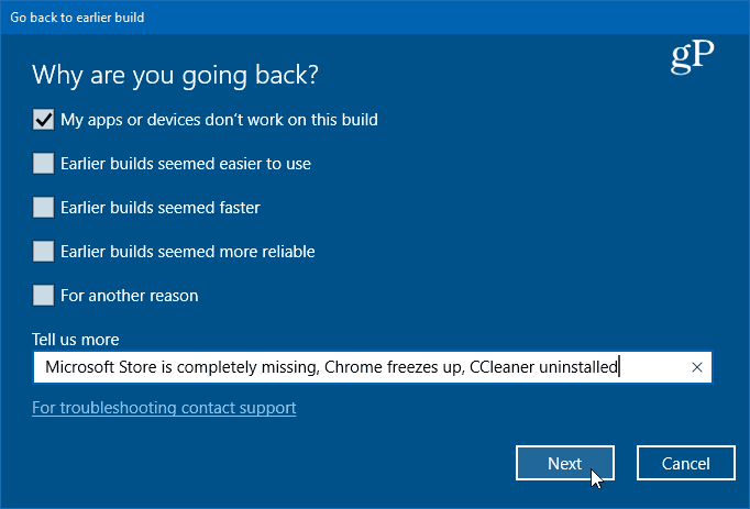 Gehen Sie zurück zur vorherigen Version von Windows 10