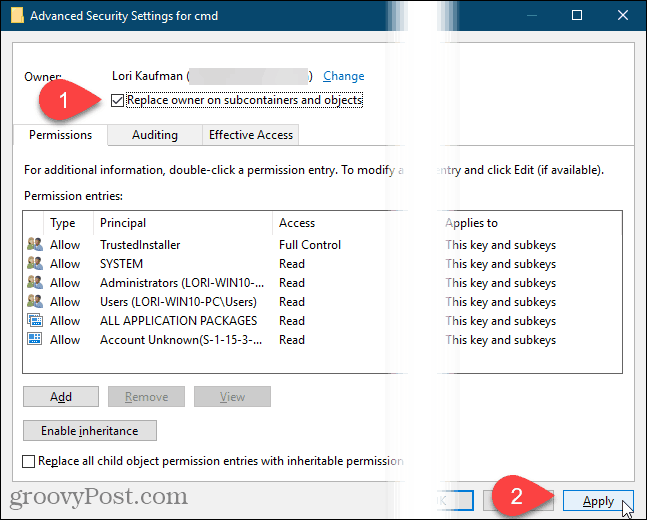 Klicken Sie im Dialogfeld Erweiterte Sicherheitseinstellungen in der Windows-Registrierung auf Übernehmen