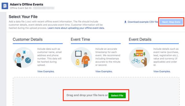 Option zum Ziehen und Ablegen Ihrer Datendatei in den Facebook Ads Manager.