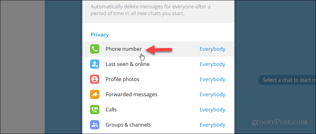 Datenschutzeinstellung für Telefonnummern in der Telegram-Desktop-App