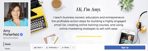Amy Porterfield hat eine Geschäftsseite mit einem professionellen Profilfoto und einem Deckblatt, auf dem die Produkte und Dienstleistungen ihres Geschäfts hervorgehoben werden.