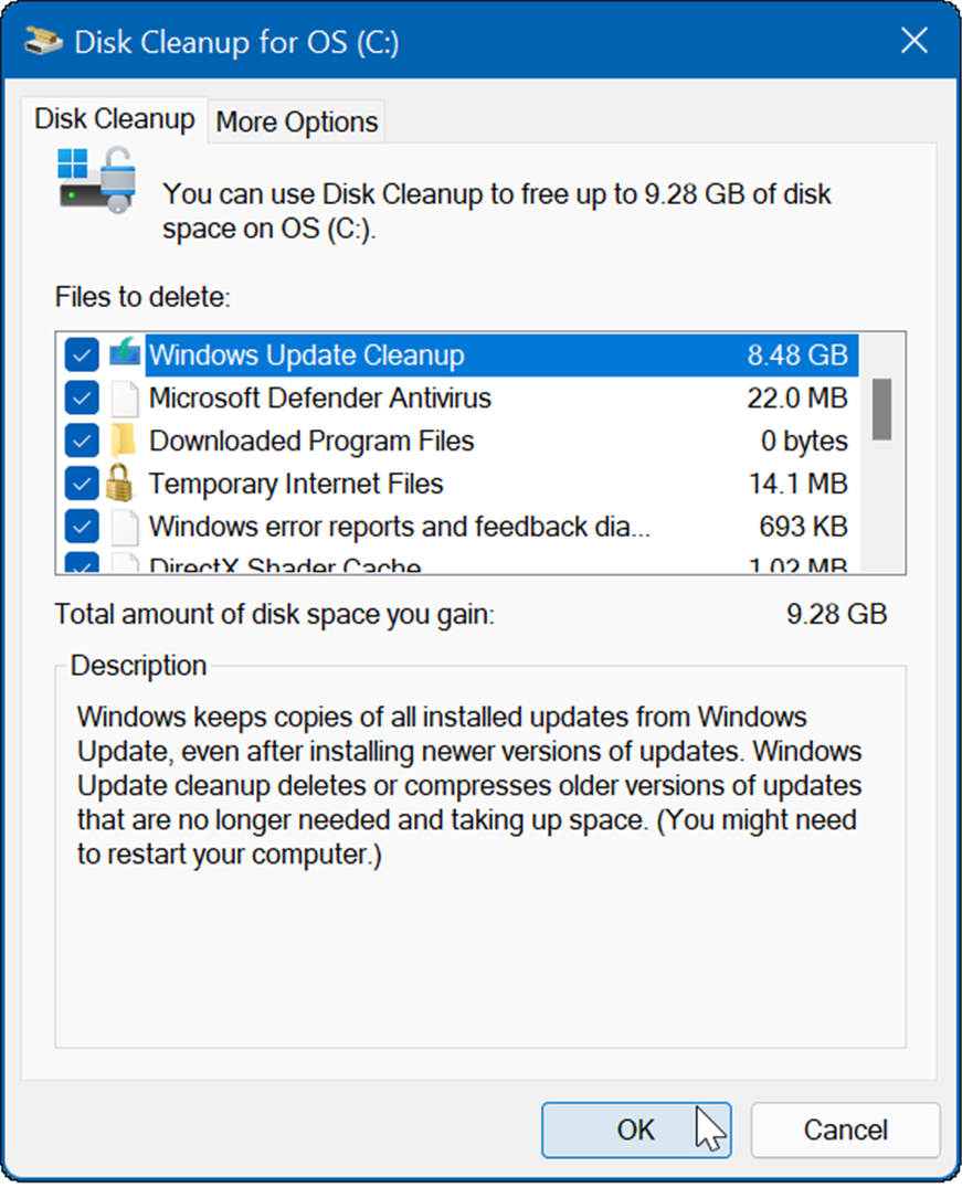 Das Ergebnis sind mehrere temporäre Dateien, einschließlich der Windows Update-Bereinigung