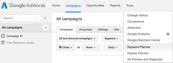 Wählen Sie in Google AdWords im Menü "Extras" die Option "Keyword-Planer" aus.