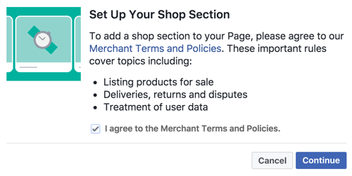 Stimmen Sie den Händlerbedingungen und -richtlinien zu, um Ihren Facebook-Shop-Bereich einzurichten.
