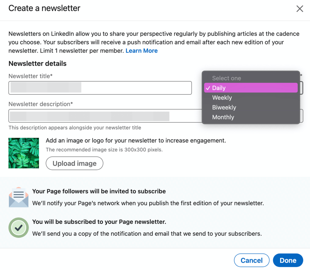 Bild des Dialogfelds „Newsletter erstellen“ auf LinkedIn