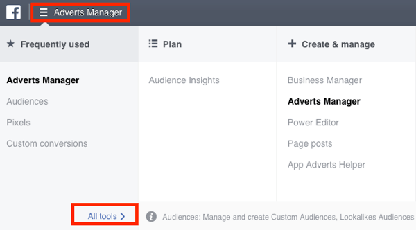 Navigieren Sie in Ihrem Facebook Ads Manager zum Zielgruppen-Dashboard.